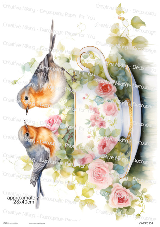 Robins in Floral Teacup Decoupage Paper | RP3534