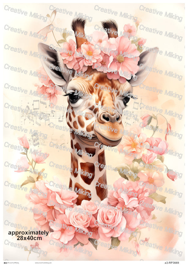 Giraffe Among Pink Flowers Decoupage Paper | RP3669