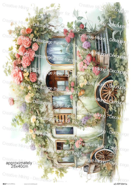 Vintage Caravan Among Flowers Decoupage Paper | RP3841a