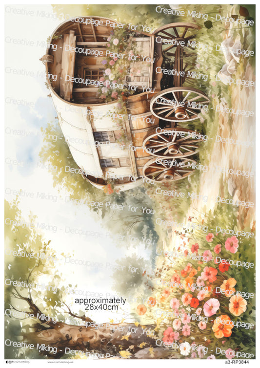 Rustic Wooden Caravan With Flowers Decoupage Paper | RP3844