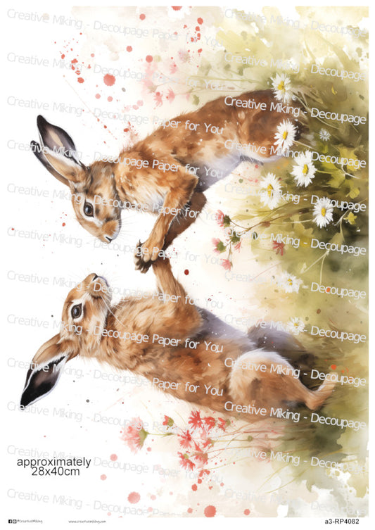 Boxing Hares Among Wildflowers Decoupage Paper | RP4082