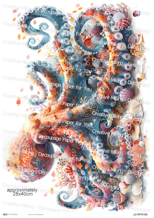 Octopus With Coral And Seashells Decoupage Paper | RP4186