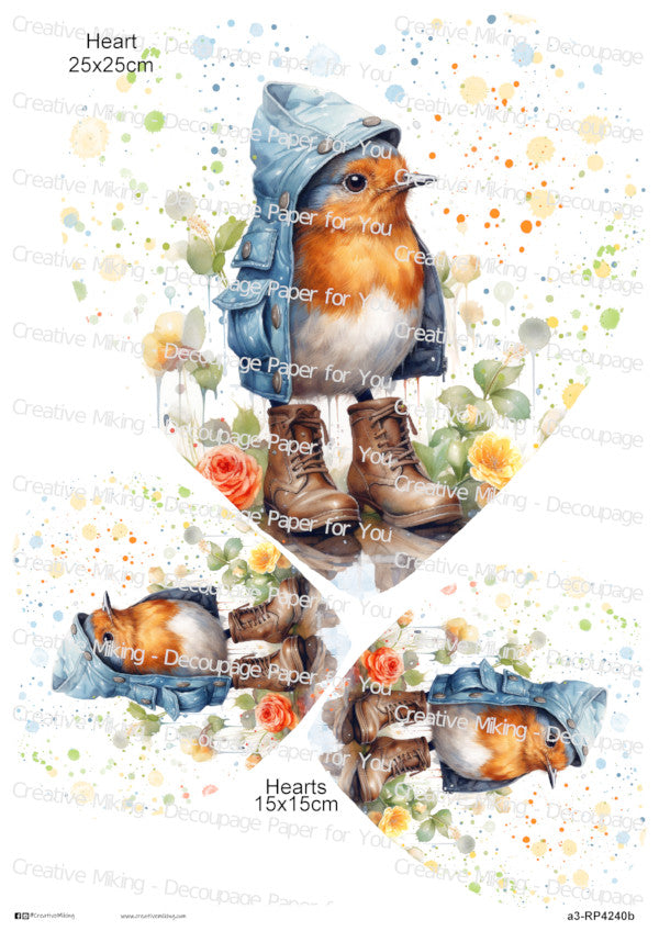Robin in Blue Jacket and Boots Watercolor Spalsher Decoupage Rice Paper | RP4240b