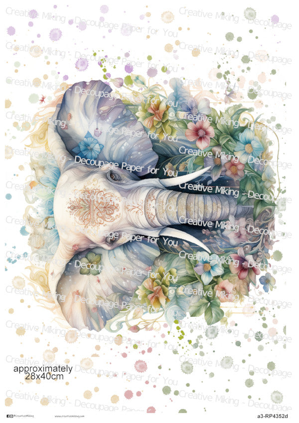 Elephant Among Flowers Watercolor Spalsh Decoupage Paper | RP4352d