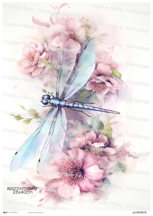 Dragonfly With Pink Flowers Decoupage Paper | RP4878