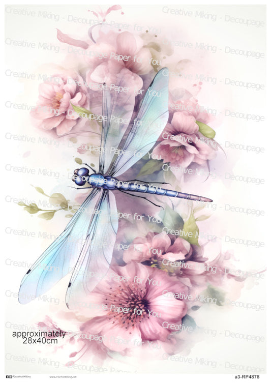 Dragonfly With Pink Flowers Decoupage Paper | RP4878