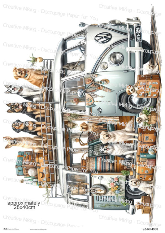 Dogs Around Vintage Camper Van Decoupage Rice Paper | RP4988