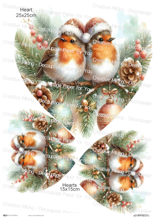 Robin Birds Among Christmas Ornaments And Winter Greenery Decoupage Paper | RP5041b