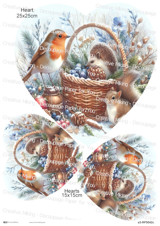 Robin Bird And Woodland Animals Around Wicker Basket In Winter Christmas Decoupage Paper | RP5042c