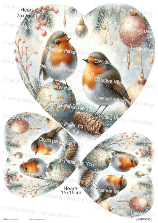 Robin Birds Among Christmas Ornaments And Winter Greenery Decoupage Paper | RP5043c