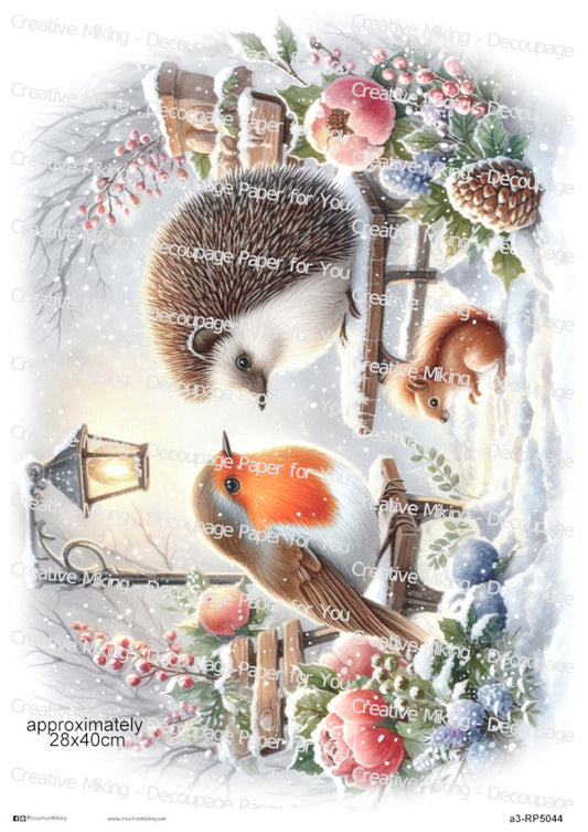 Robin Bird And Hedgehog In Winter Scenery Christmas Decoupage Paper | RP5044