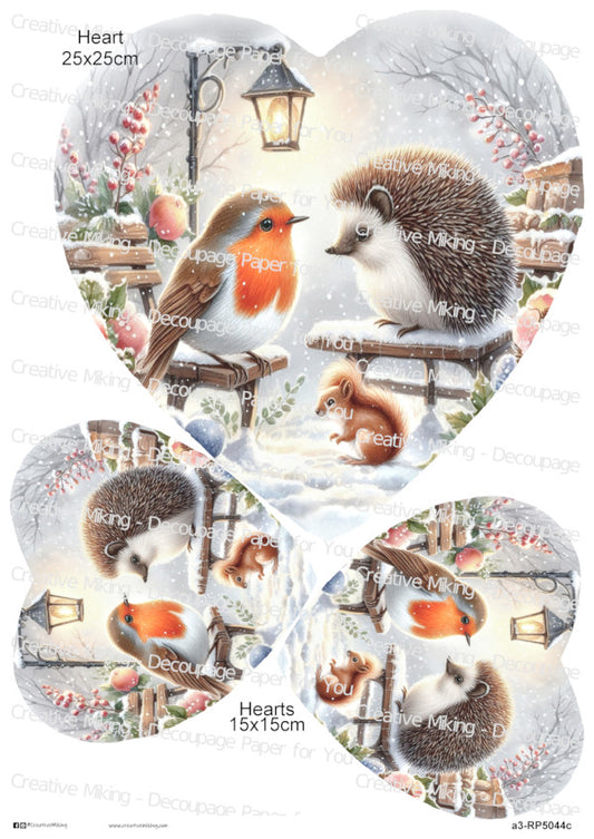 Robin Bird And Hedgehog In Winter Scenery Christmas Decoupage Paper | RP5044c