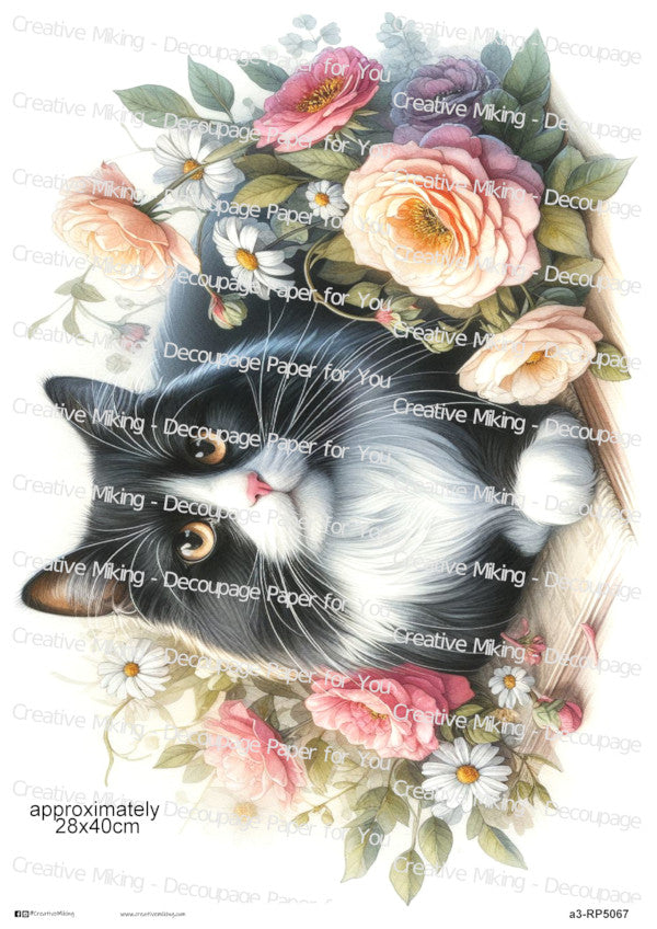 Tuxedo Cat Portrait Among Flowers Decoupage Paper | RP5067