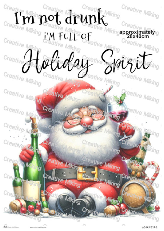 Santa Drinking Wine Funny Christmas Decoupage Rice Paper | RP5145