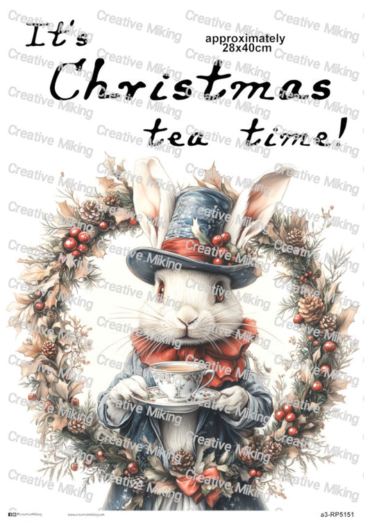 White Rabbit Christmas Decoupage Paper | RP5151
