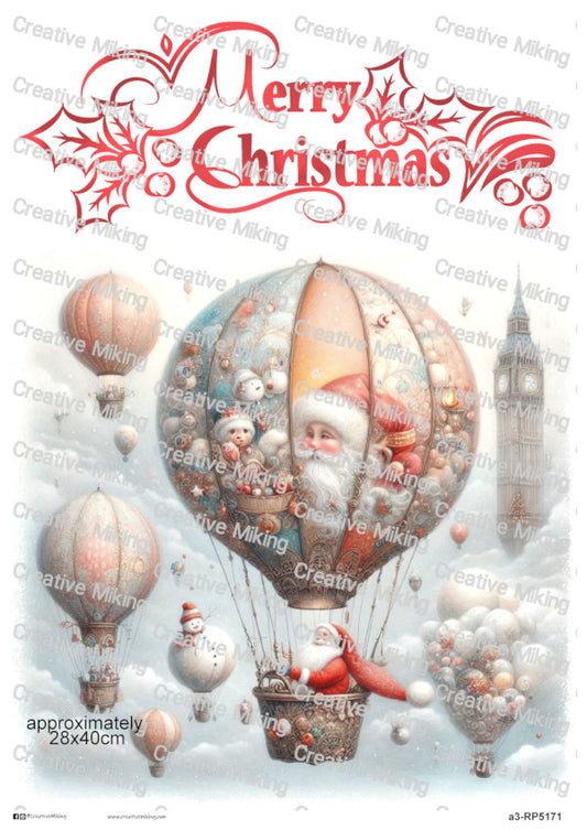 Santa in Hot Air Balloon Christmas Decoupage Paper – “Merry Christmas” | RP5171