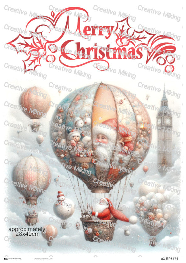 Santa in Hot Air Balloon Christmas Decoupage Paper – “Merry Christmas” | RP5171