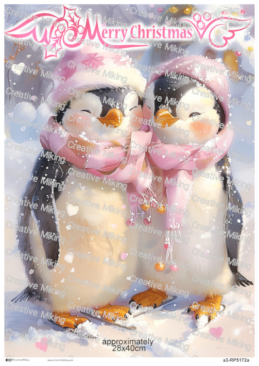 Penguins Christmas Decoupage Paper – “Merry Christmas” | RP5172a