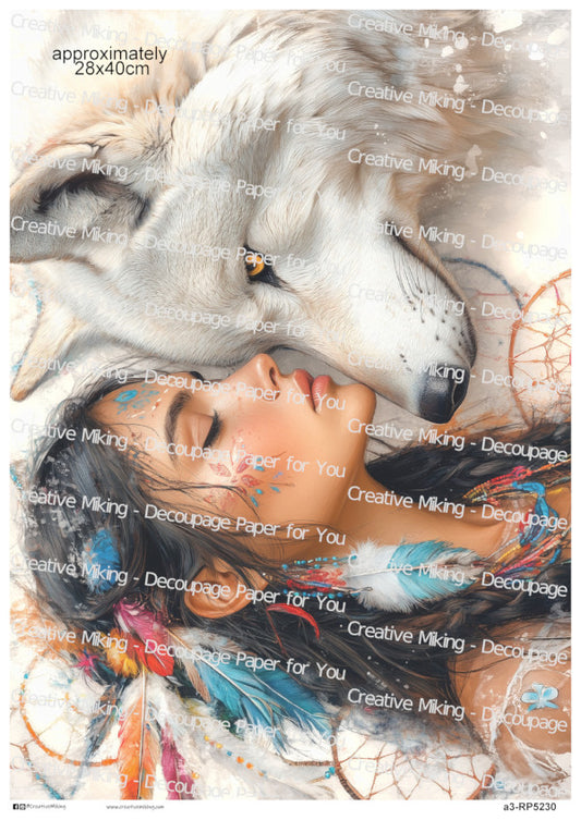 Native American Woman And White Wolf Decoupage Paper | RP5230