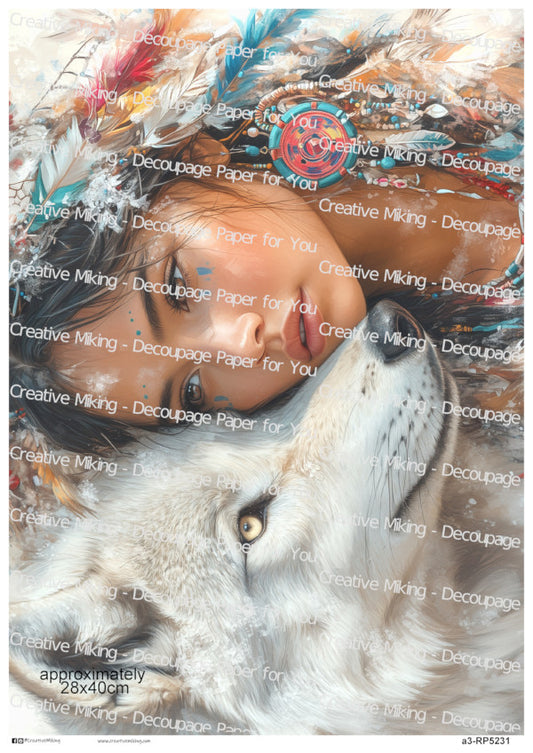 Native American Woman And White Wolf Decoupage Paper | RP5231