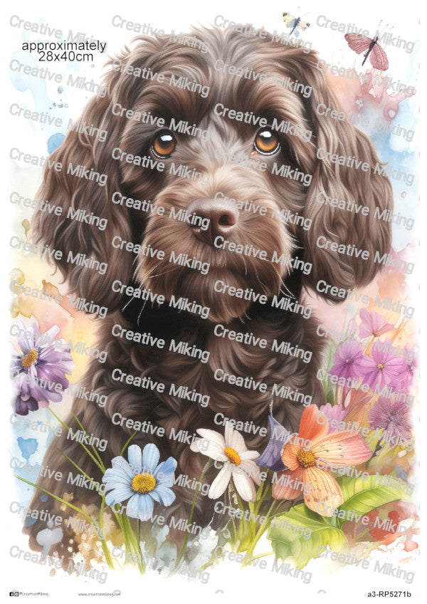 Cockapoo Dog Portrait Among Flowers Decoupage Paper | RP5271b