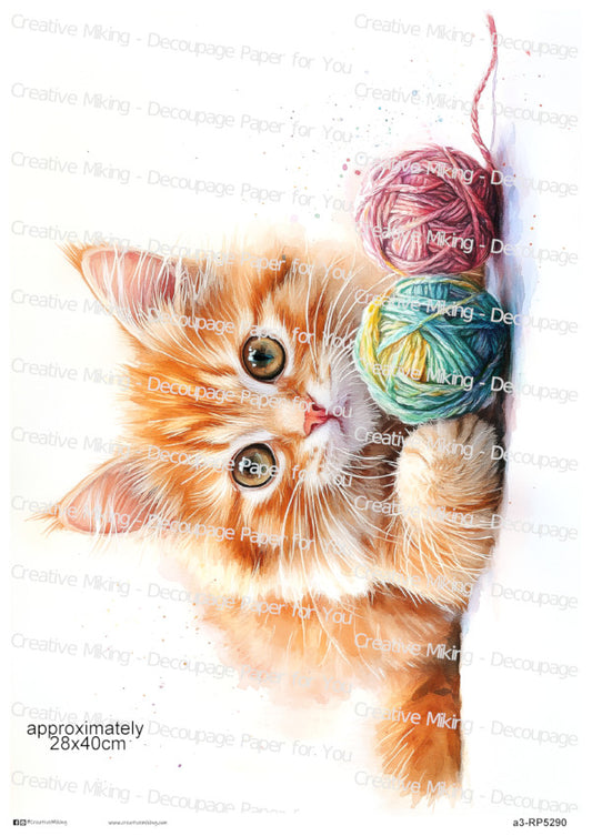 Ginger Tabby Cat Playing With Yarn Decoupage Paper | RP5290