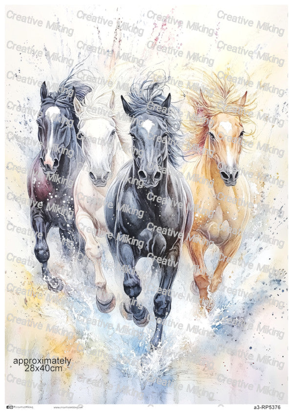 Running Horses Watercolor Splashes Decoupage Paper | RP5376
