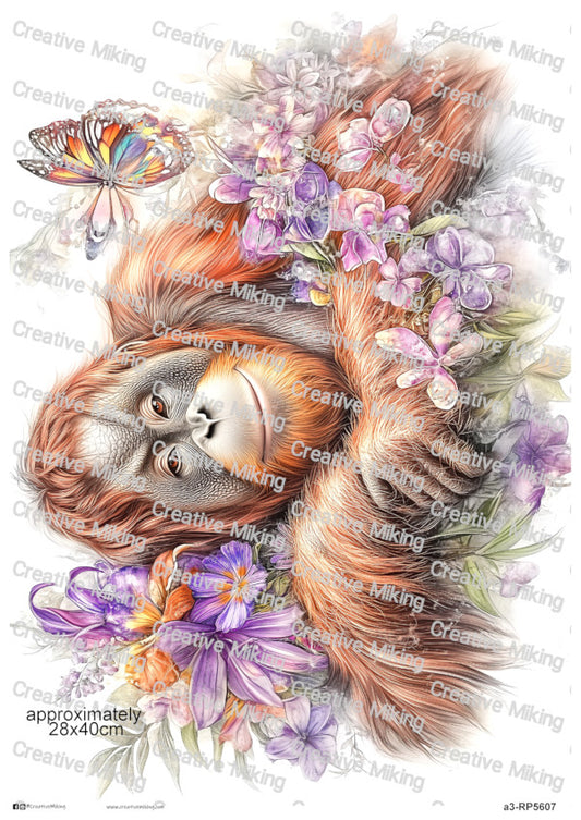 Orangutan Among Flowers Decoupage Rice Paper | RP5607