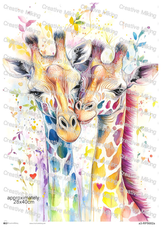 Giraffes Among Colorful Watercolor Splashes Decoupage Paper | RP5682a