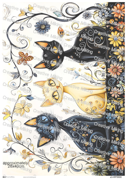 Cats With Butterflies And Floral Swirls Decoupage Paper | RP5900