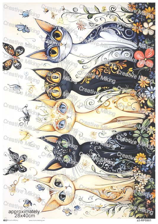 Cats With Butterflies And Floral Swirls Decoupage Paper | RP5901