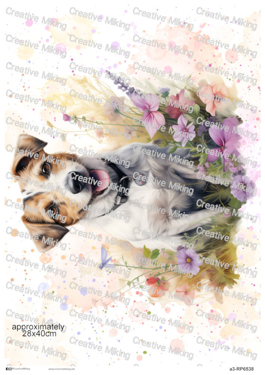 Jack Russell Dog Among Wildflowers Watercolor Splashes Decoupage Paper | RP6538