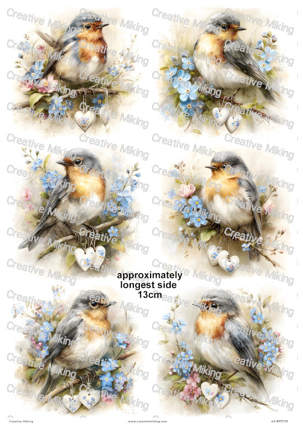 Robin Bird With Forget-Me-Nots And Hearts Decoupage Rice Paper | RP7119