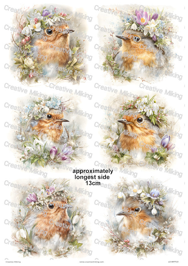 Robin Bird With Spring Flowers Decoupage Rice Paper | RP7121