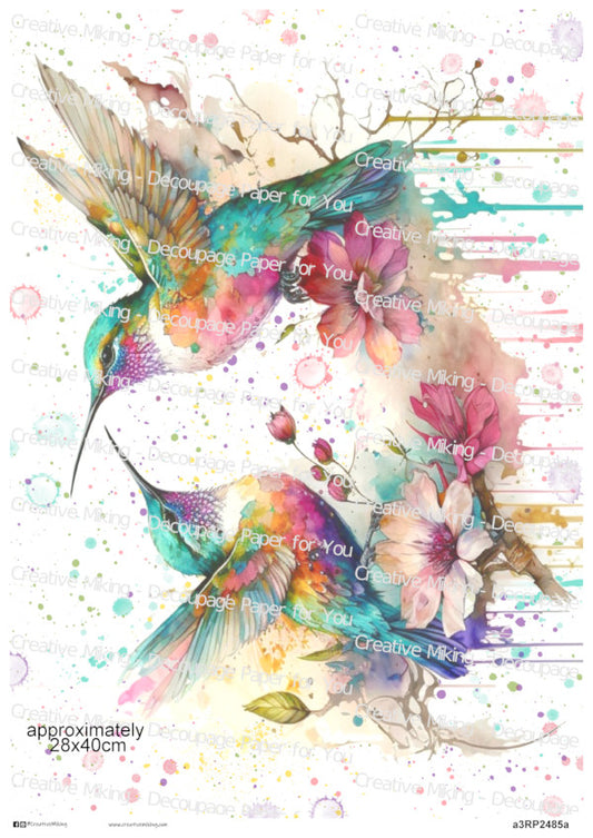 Hummingbird Among Flowers Watercolor Splashes Decoupage Paper | RP2485a