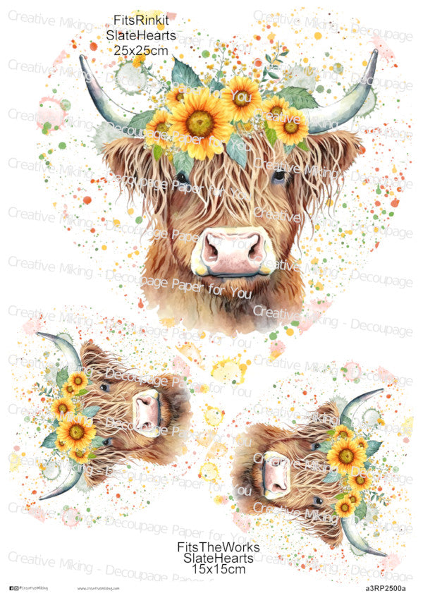 Highland Cow Sunflower Crown Splashes Decoupage Rice Paper | RP2500a