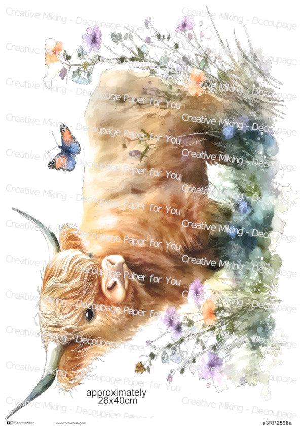 Highland Cow Among Wildflowers Decoupage Rice Paper | RP2598a