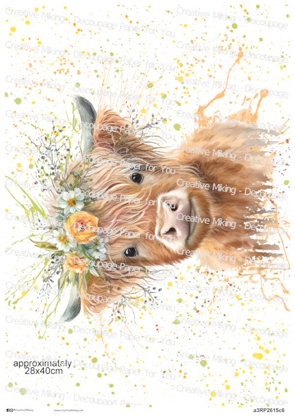 Highland Cow With Floral Crown Watercolor Splash Decoupage Rice Paper | RP2615c6