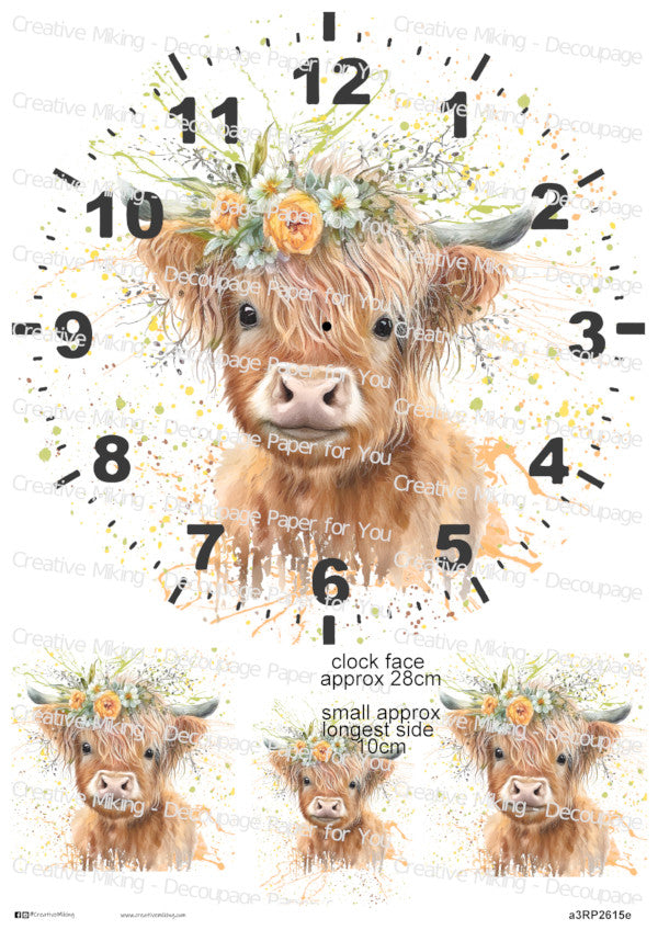 Highland Cow With Floral Crown Clock Face Watercolor Splash Decoupage Paper | RP2615e