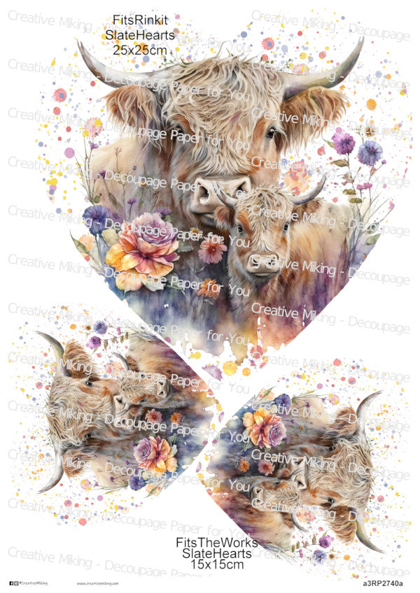 Highland Cow with Calf Watercolor Splashes Decoupage Rice Paper | RP2740a