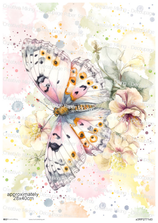 Butterfly Among Flowers Watercolor Splashes Decoupage Paper | RP2771d3