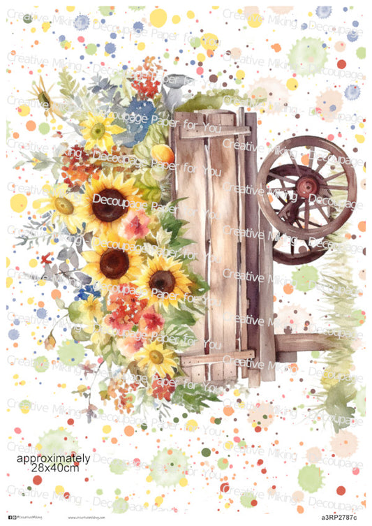 Rustic Wheelbarrow with Sunflowers Watercolor Splashes Decoupage Rice Paper | RP2787c