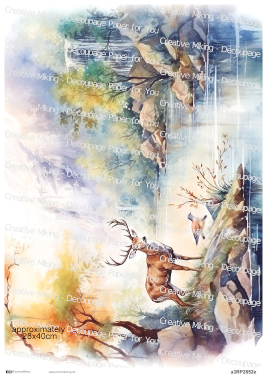 Stag in Woodland Lake Landscape Decoupage Paper | RP2852e