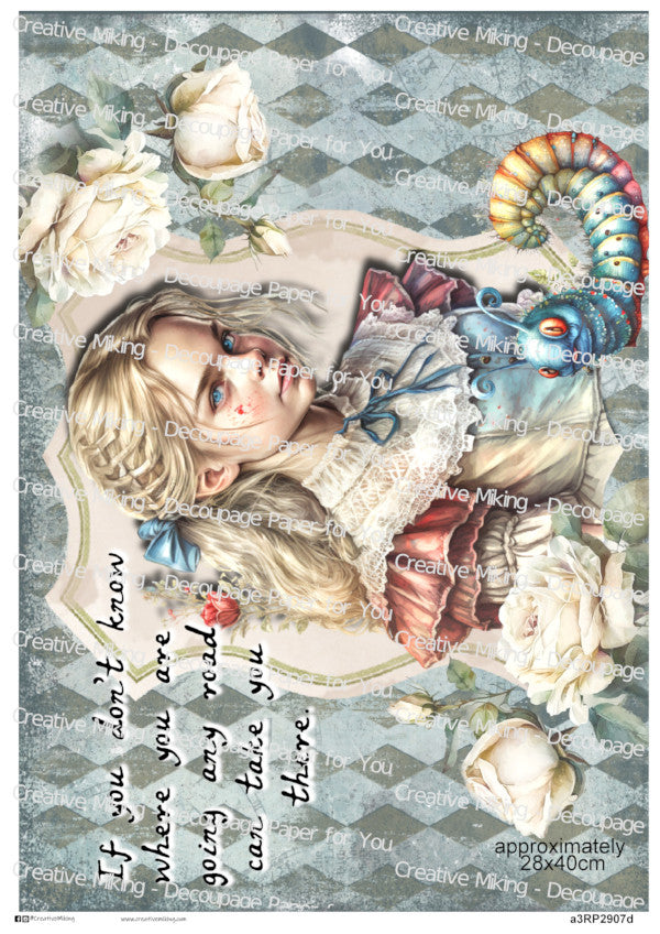Wonderland Girl Quote Decoupage Paper - “If You Don’t Know Where You Are Going, Any Road Can Take You There” | RP2907d