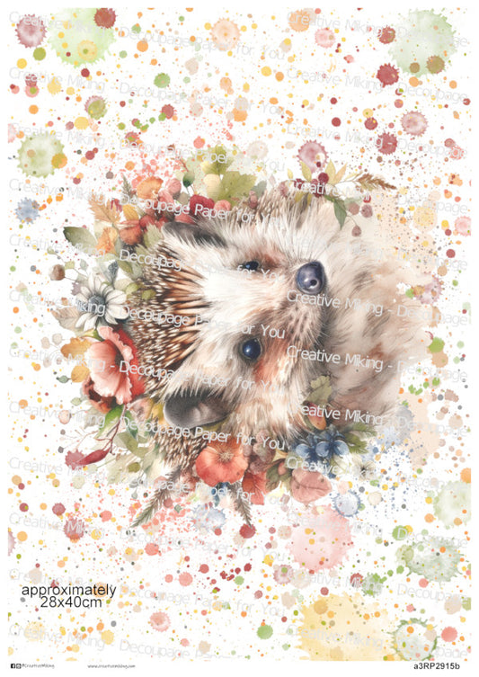 Hedgehog Watercolor Splashes Decoupage Paper | RP2915b