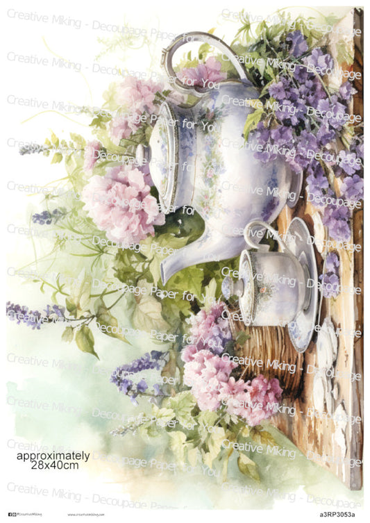 Teapot and Cups with Garden Flowers Decoupage Paper | RP3053a