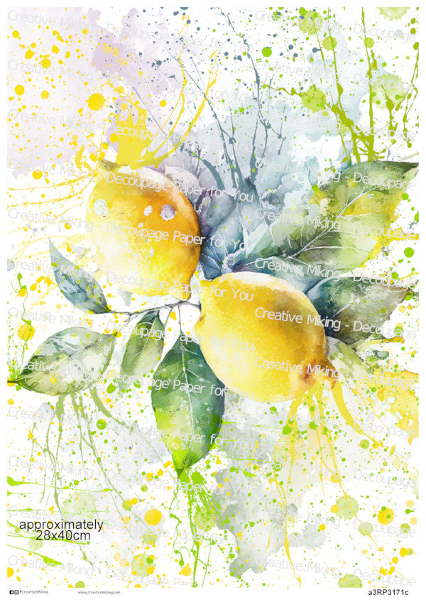 Lemons With Green Leaves Watercolor Splashes Decoupage Paper | RP3171c