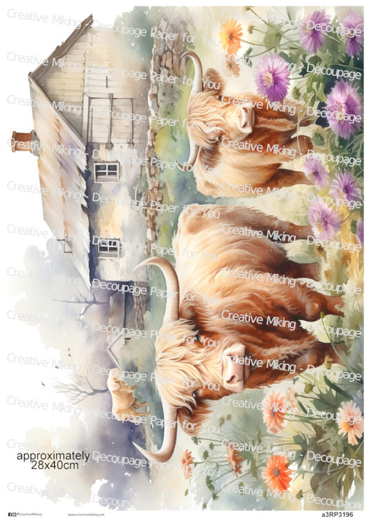 Highland Cow With Calf Among Wildflowers Decoupage Paper | RP3196