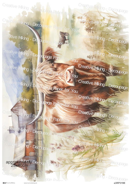 Highland Cow In Countryside Landscape Decoupage Paper | RP3198