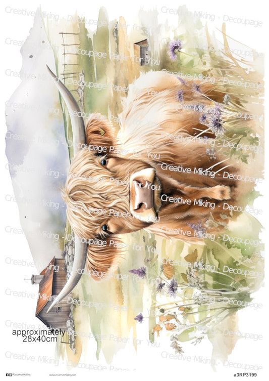 Highland Cow In Countryside Landscape Decoupage Paper | RP3199